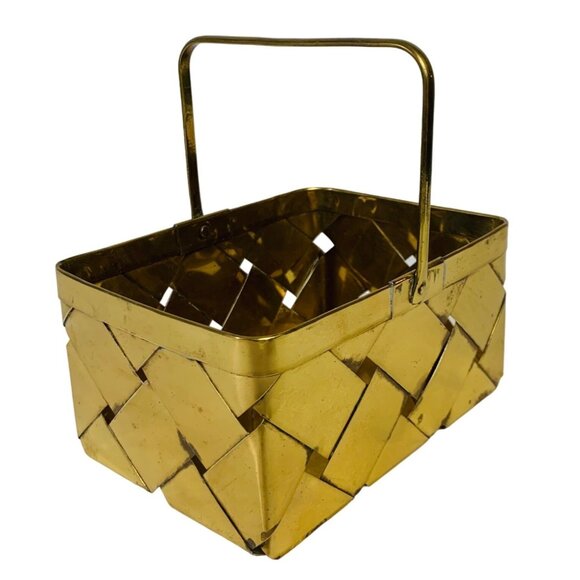 Brass Basket Woven Handle Boho Style Trinket Dish Rectangle Catchall Eclectic - Picture 1 of 14